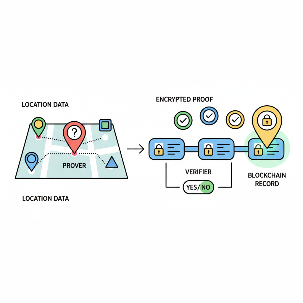 zero-knowledge proof visualization with location pins on blockchain