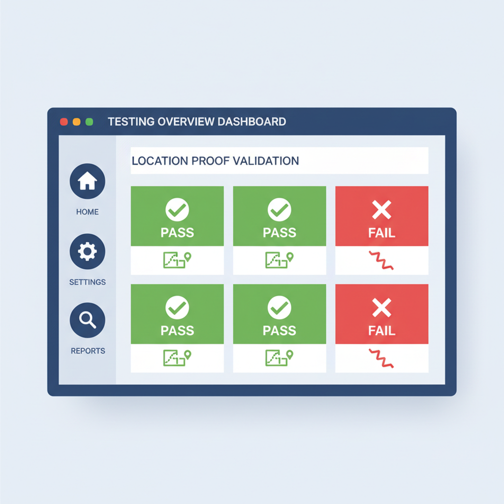 testing dashboard with mock location proofs and pass/fail indicators