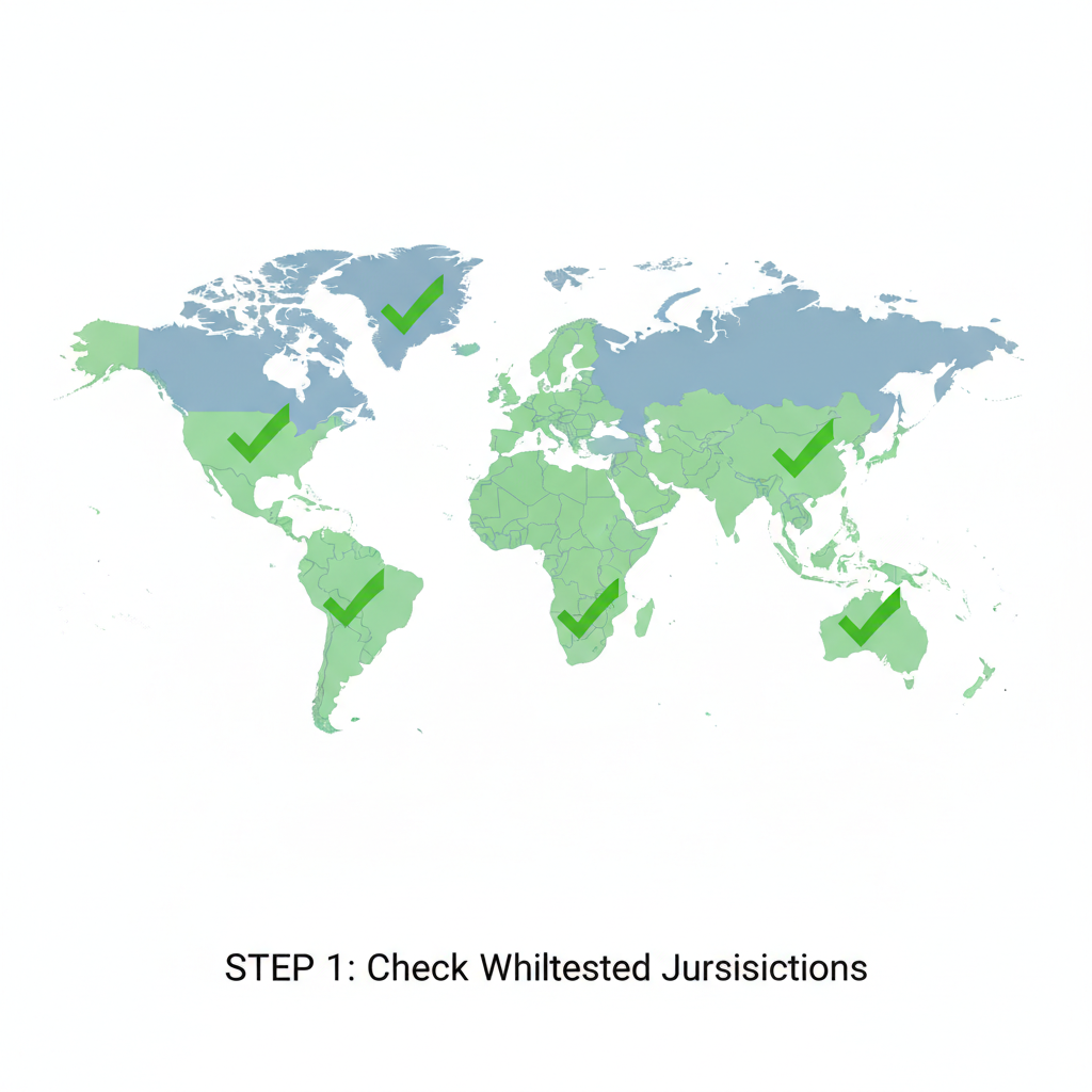 world map highlighting whitelisted jurisdictions, green checkmarks