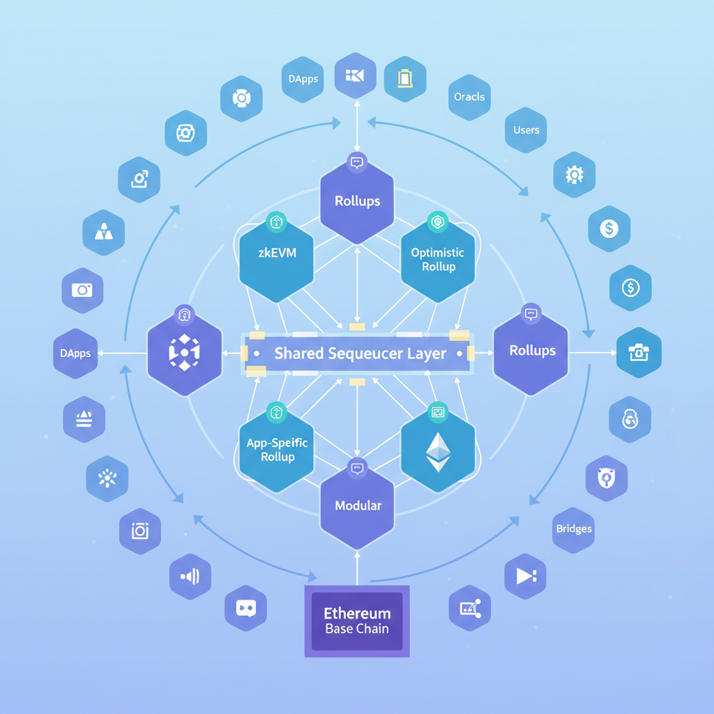 Future Ethereum rollup ecosystem unified by shared sequencing, expansive network growth visualization