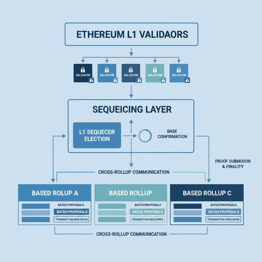 Ethereum L1 validators sequencing for based rollups, integrated layer diagram, conservative blue palette