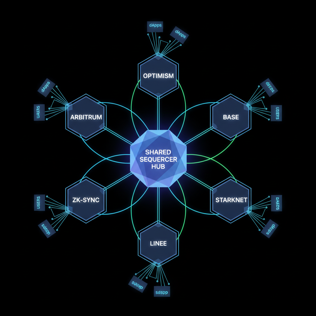 Central shared sequencer hub connecting multiple Ethereum rollups, glowing network lines, futuristic tech illustration