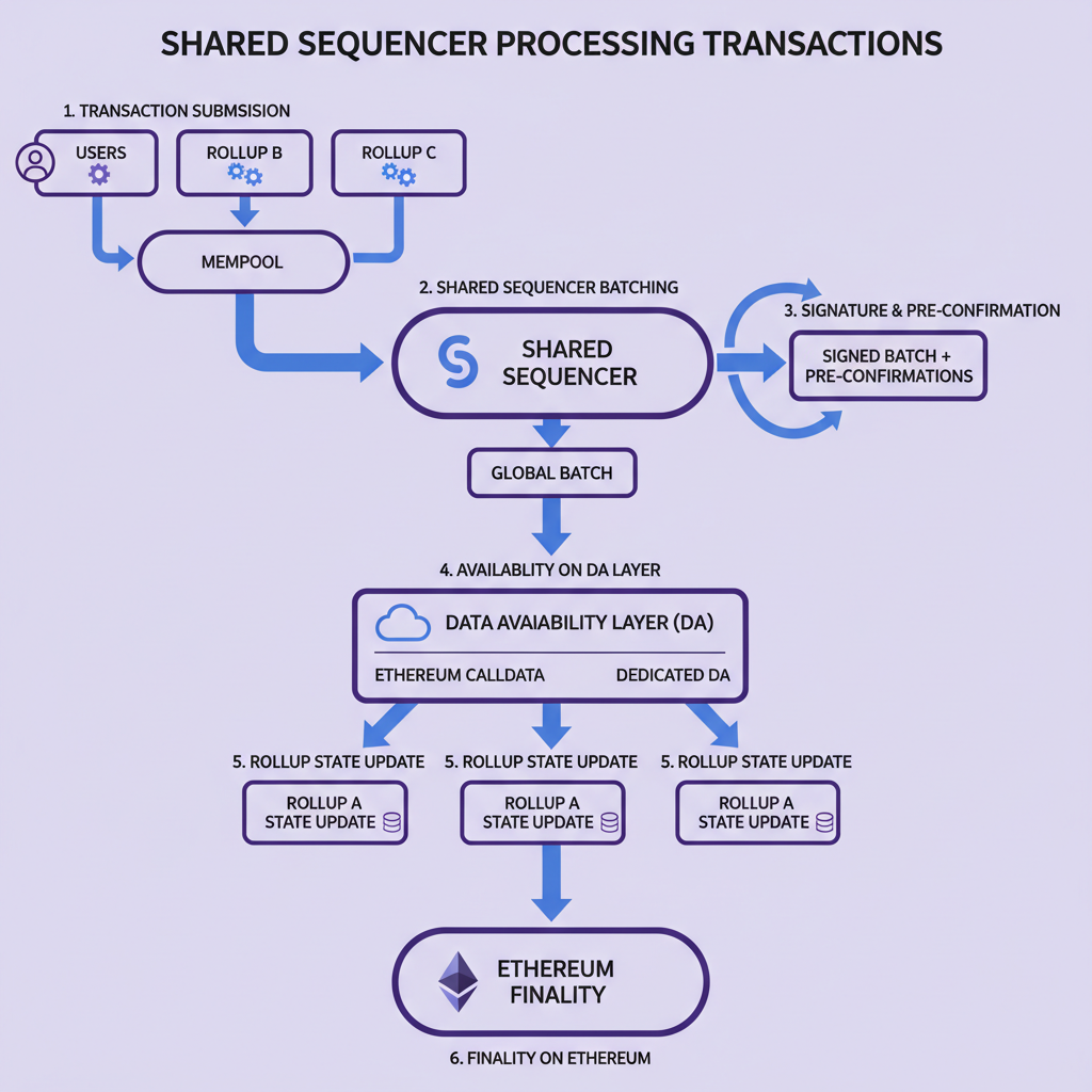 Step-by-step flowchart of shared sequencer processing transactions from rollups, clean line art, Ethereum purple hues