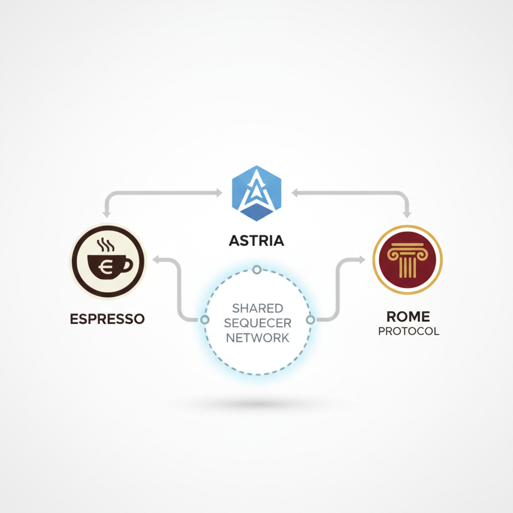 Logos of Espresso, Astria, Rome Protocol linked in a shared sequencer network, professional tech graphic