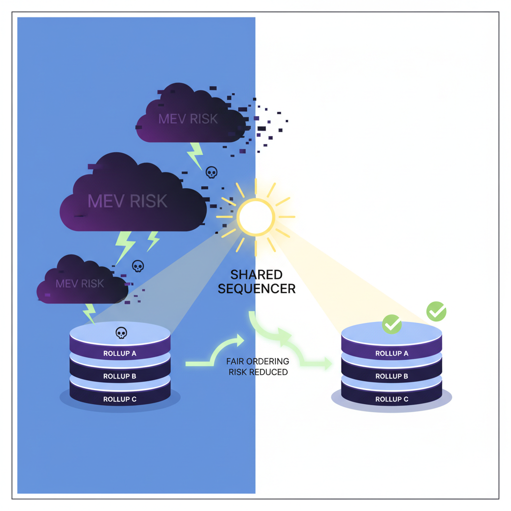 MEV risks as dark clouds over rollups, dispelled by shared sequencer light, analytical chart style