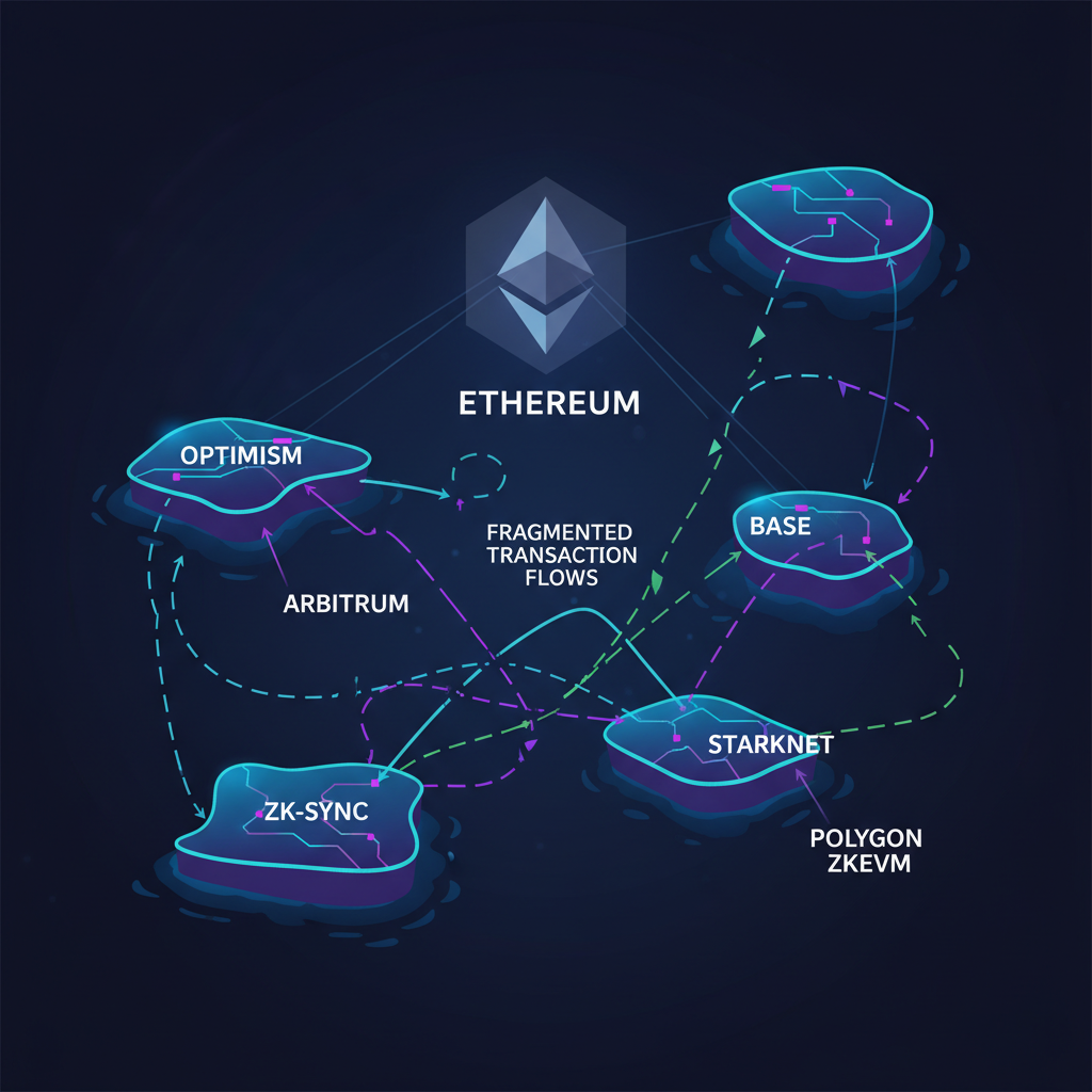 Ethereum rollups as isolated islands with fragmented transaction flows, dark blue tones, technical diagram style