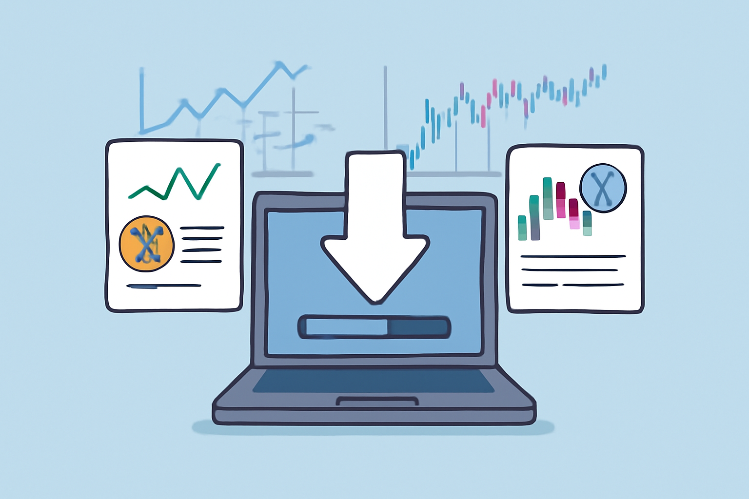 A computer downloading large sets of cryptocurrency price charts and data, with digital graphs and bitcoin/ethereum icons.