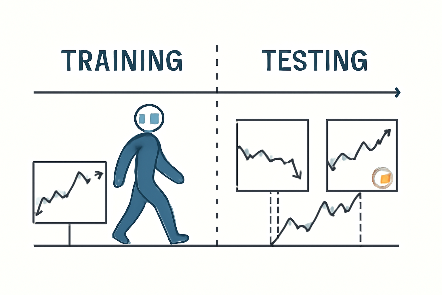 A timeline split into training and testing segments, with an AI agent walking forward through evolving crypto market charts.