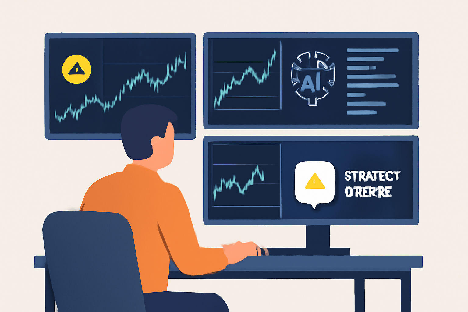 A trader at a workstation with multiple screens showing live crypto charts, AI analytics, and alerts for strategy updates.