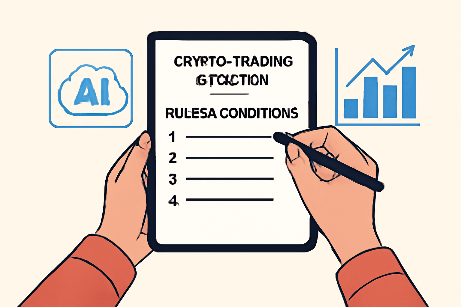 A person writing rules and conditions for a crypto trading strategy on a digital notepad, with icons of AI and cryptocurrency charts in the background.