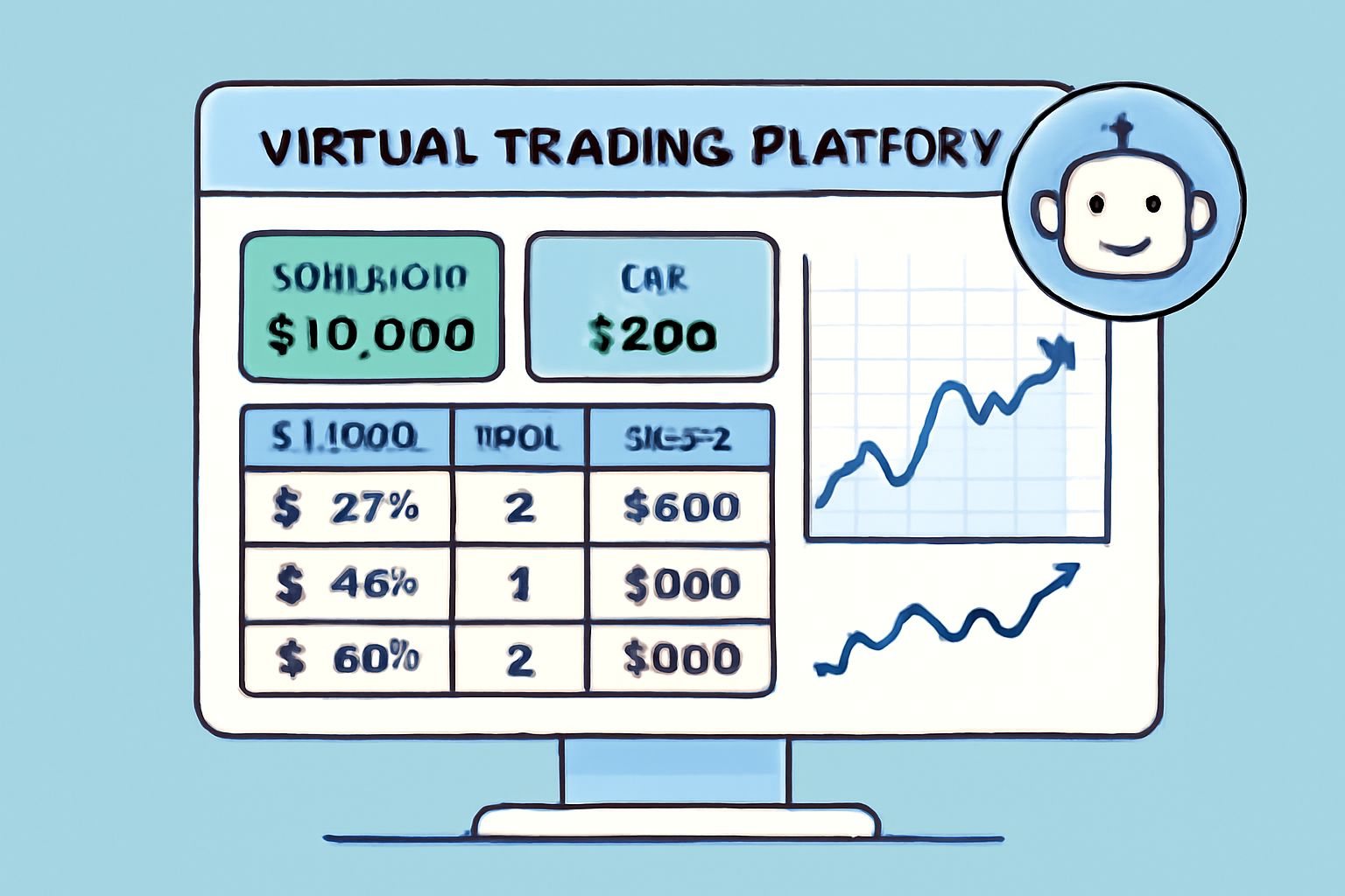 A virtual trading platform showing simulated trades and balances, with AI monitoring performance in real-time.