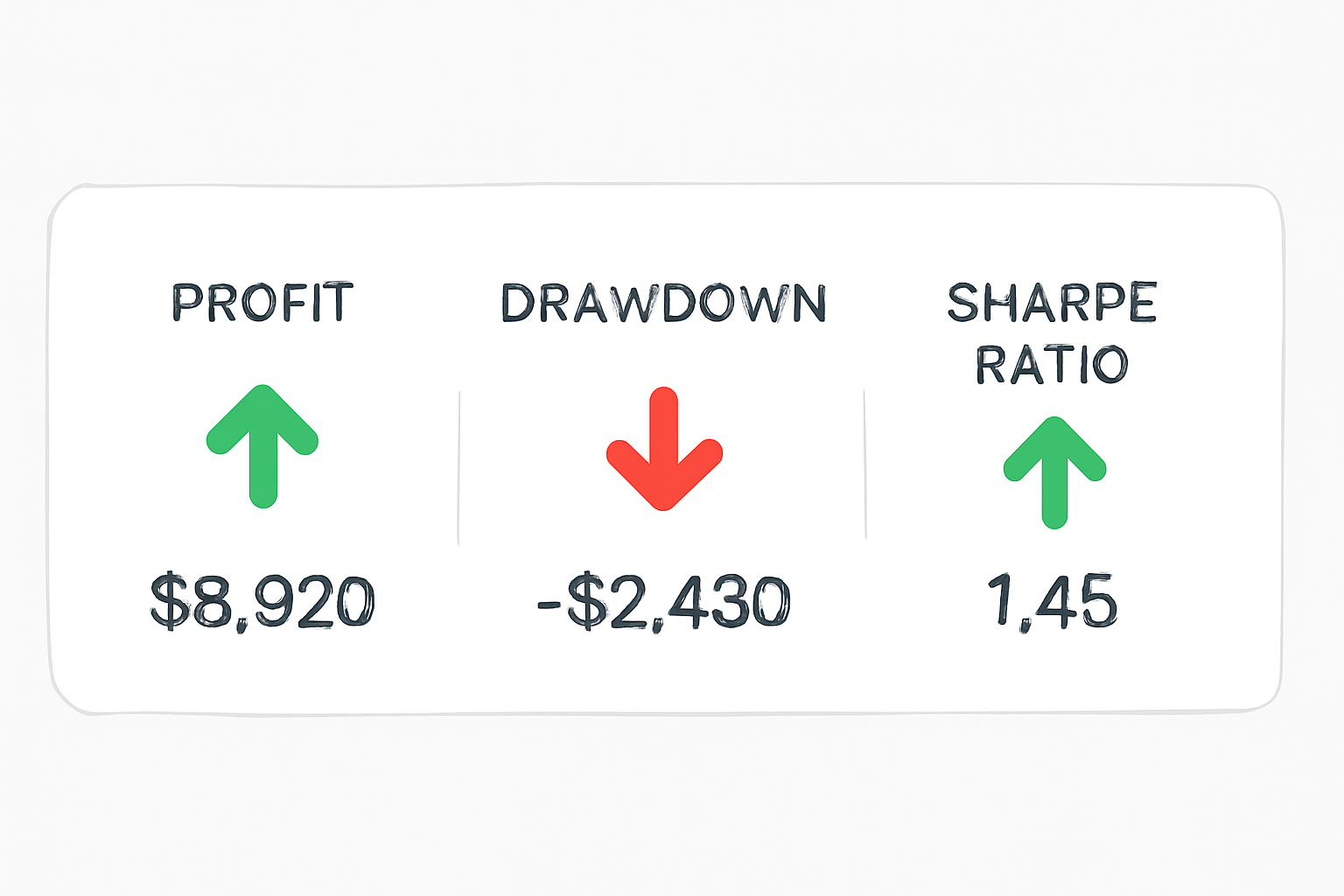 A dashboard displaying performance metrics: profit, drawdown, and Sharpe Ratio, with green and red indicators for gains and losses.
