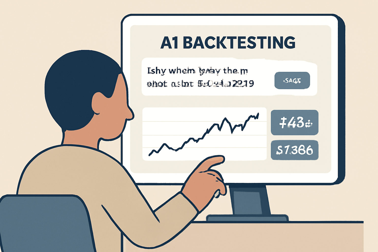 A user interacting with an AI-powered backtesting dashboard, inputting a strategy in plain language and viewing simulated results on a screen.