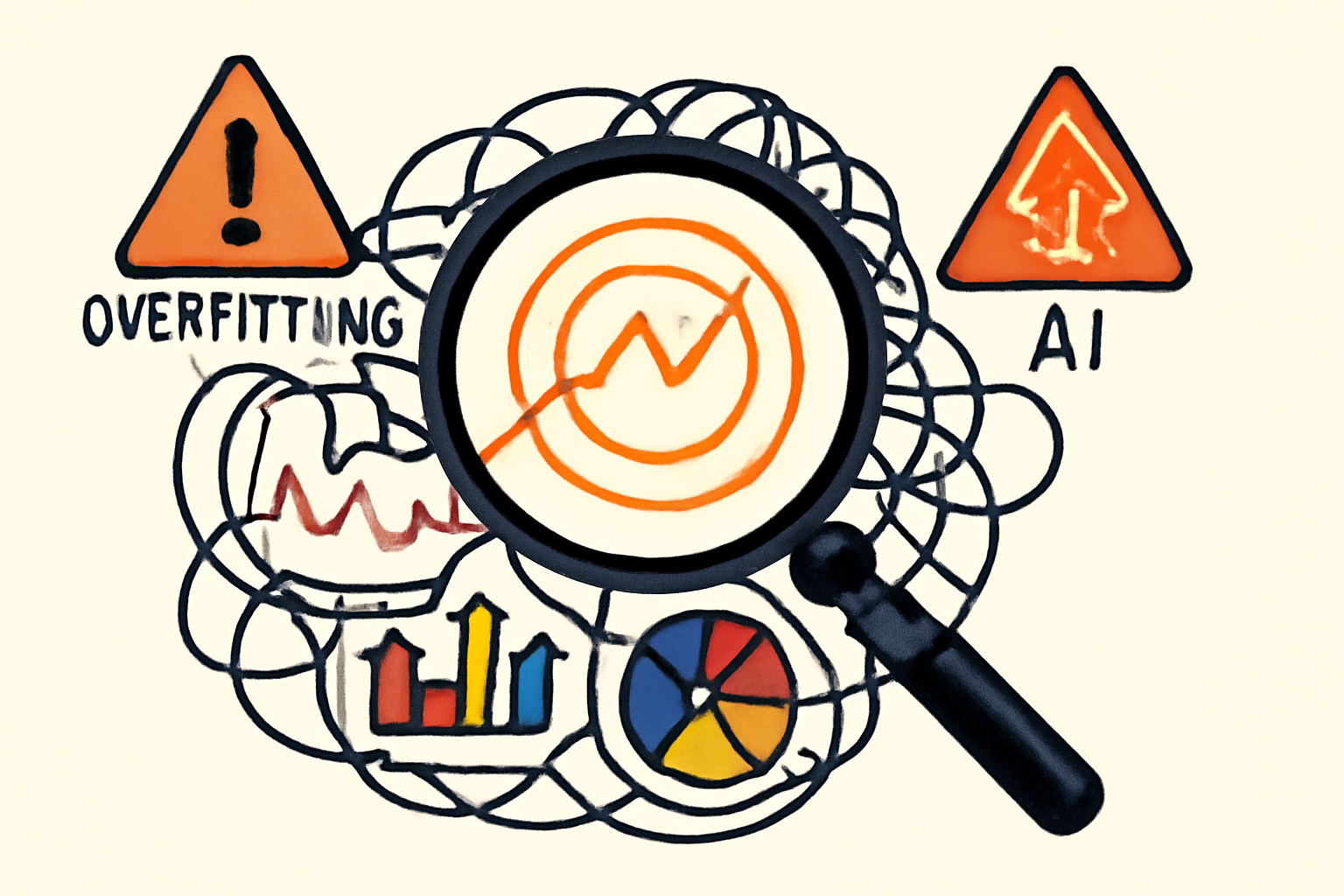 A magnifying glass examining a tangled web of data and charts, with warning signs about overfitting and AI analyzing patterns.