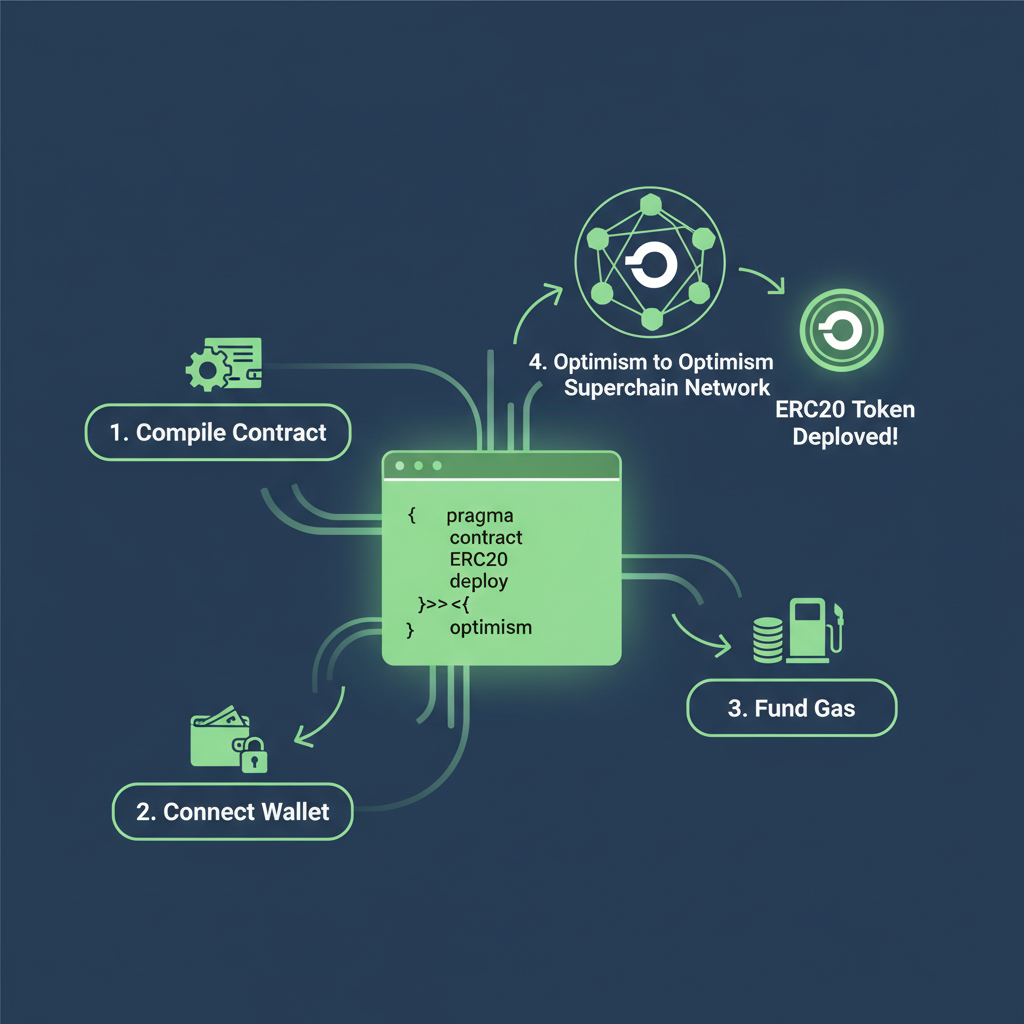 Smart contract deployment of ERC20 token on Optimism Superchain network visualization, glowing green code