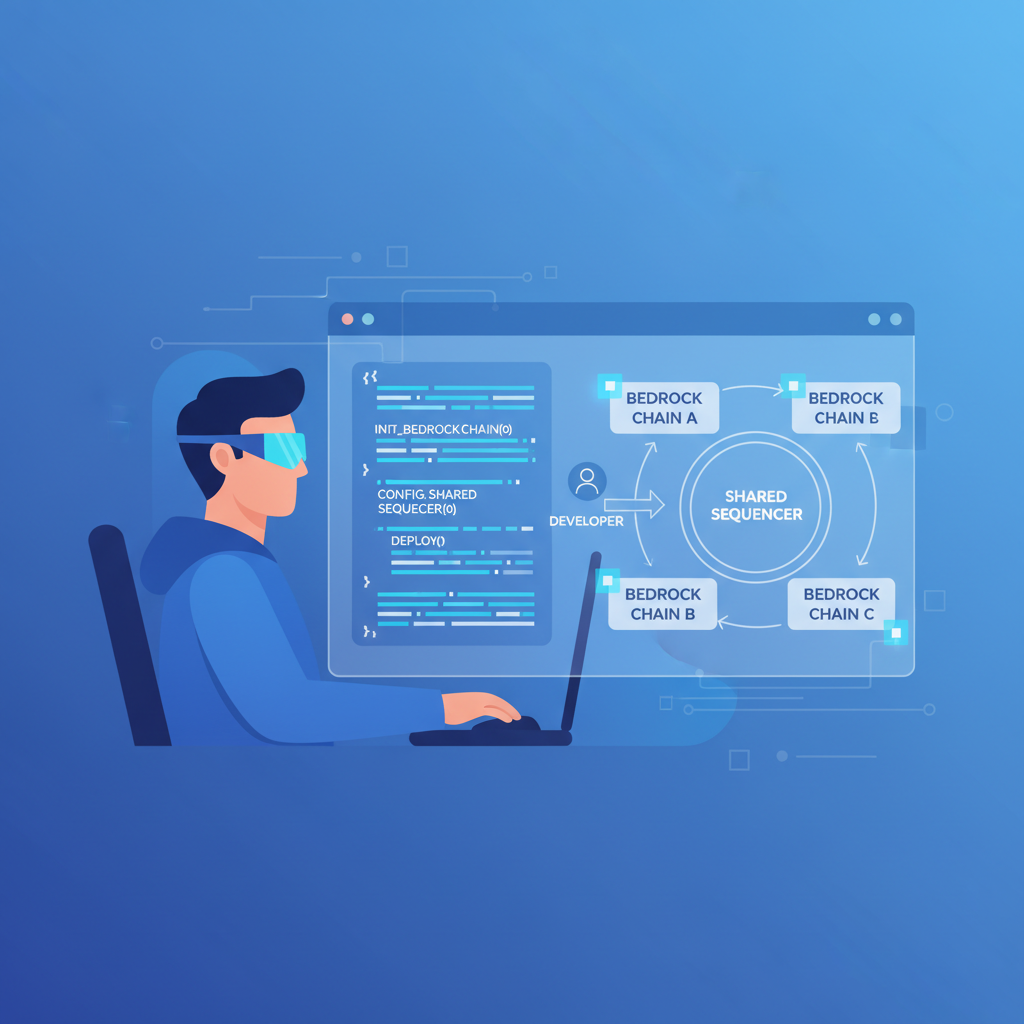 Developer initializing Bedrock blockchain with shared sequencer diagram on code editor screen, futuristic blue tones