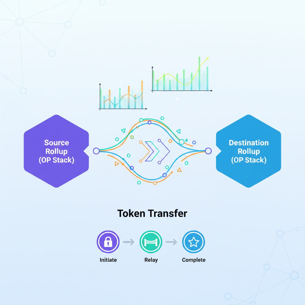 Cross-chain token transfer animation between OP Stack rollups, flowing particles and graphs