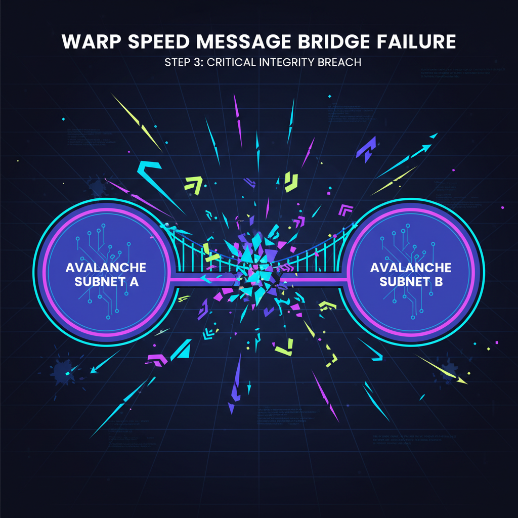 Warp speed messaging bridge exploding between two Avalanche subnets, neon data packets flying, high-tech destruction vibe