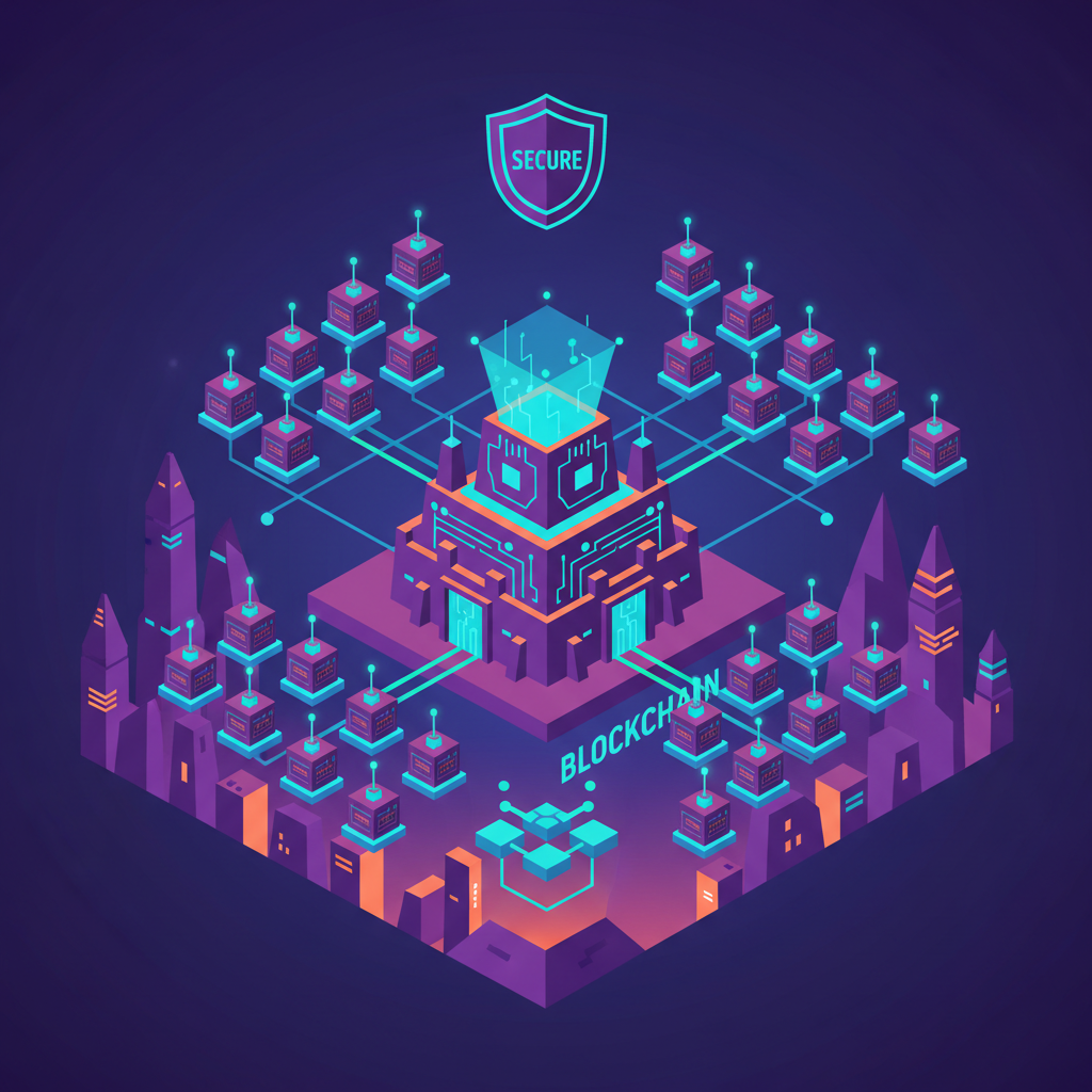army of validator nodes connecting, cyberpunk fortress, secure blockchain