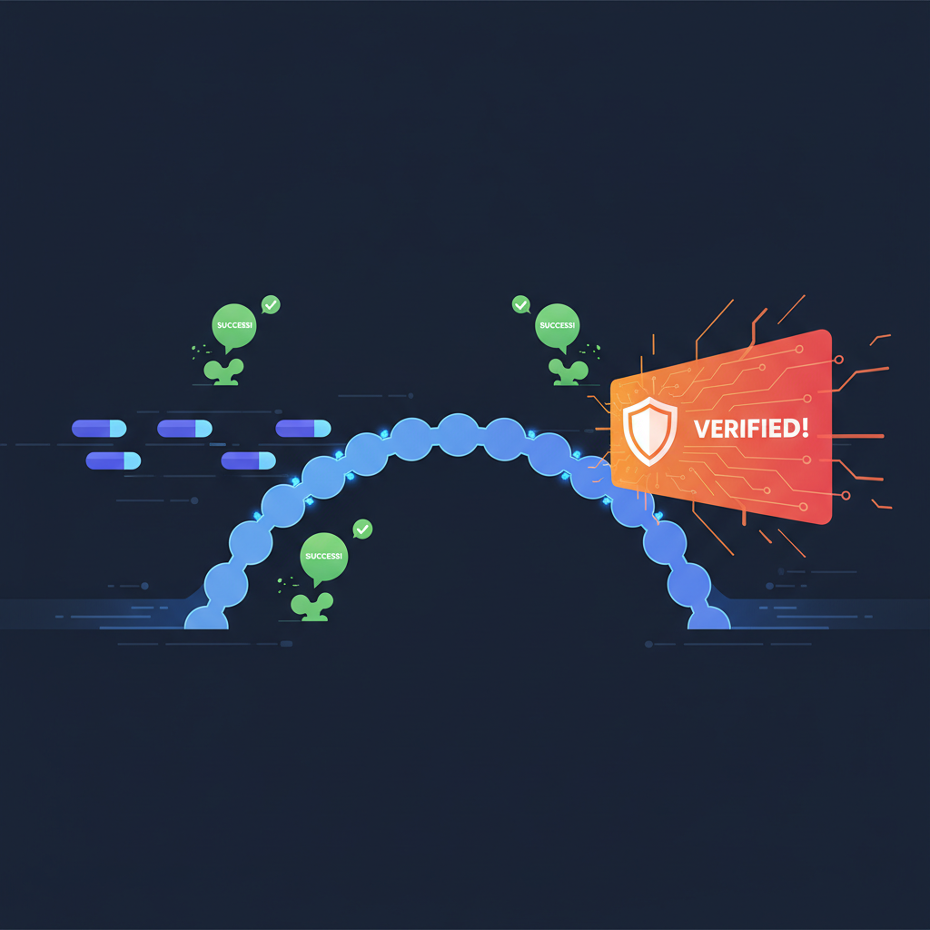 Data bullets shooting across glowing interchain bridge, success confirmations popping, explosive verification screens