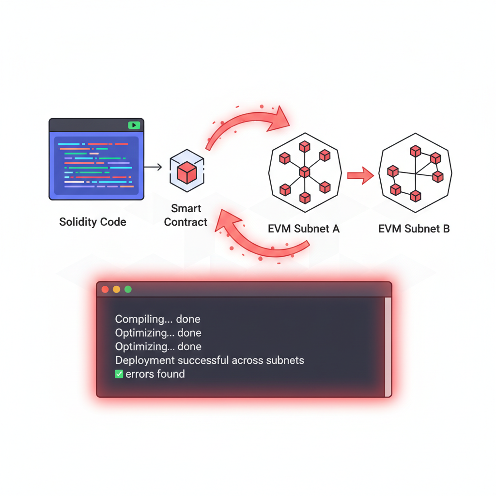 Solidity code compiling into smart contracts, cross-chain arrows firing between subnets, aggressive red error-free terminal