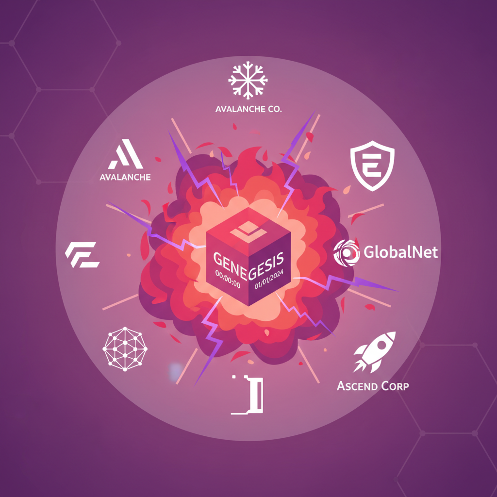 Fiery blockchain subnet genesis block forming, enterprise logos, Avalanche pink-purple hues, explosive creation energy