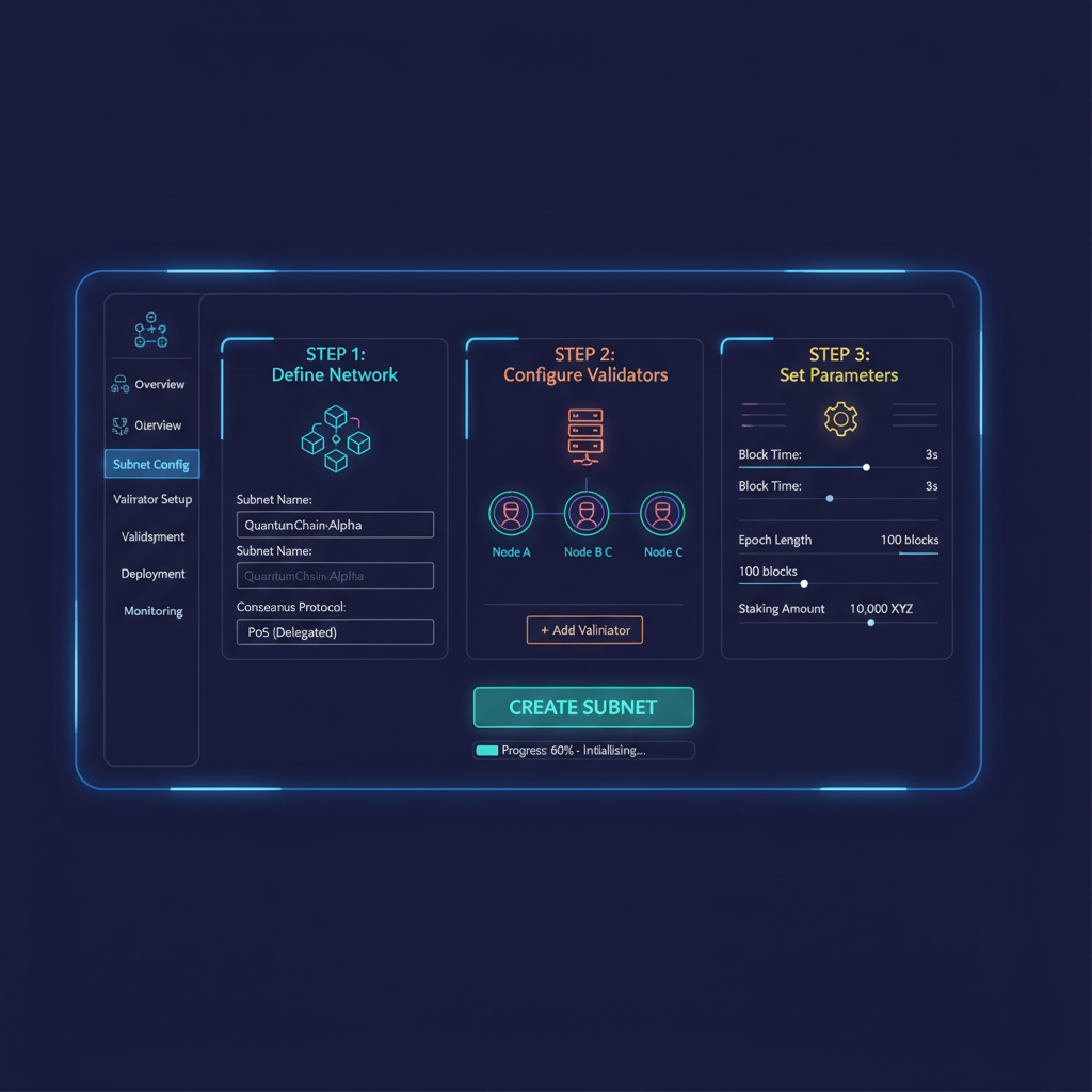 futuristic blockchain subnet creation dashboard, glowing neon, enterprise scale