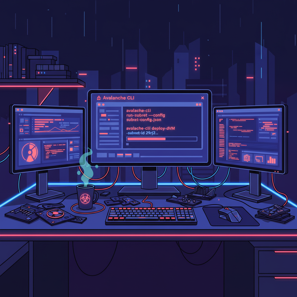 Aggressive developer workstation with Avalanche CLI terminal open, glowing screens, red command prompts executing, dark cyberpunk style