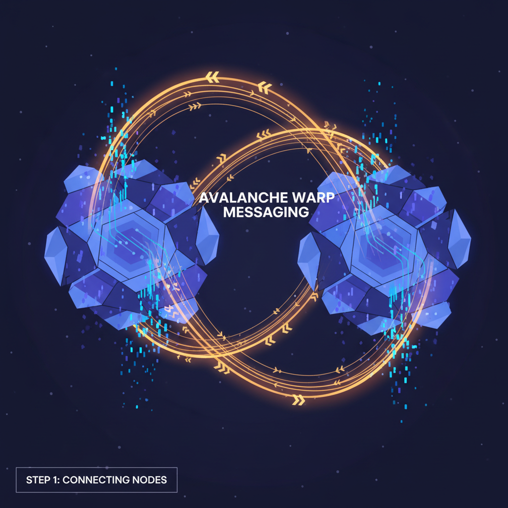 Two massive interconnected blockchain nodes pulsing with data streams, Avalanche warp messaging bridges glowing