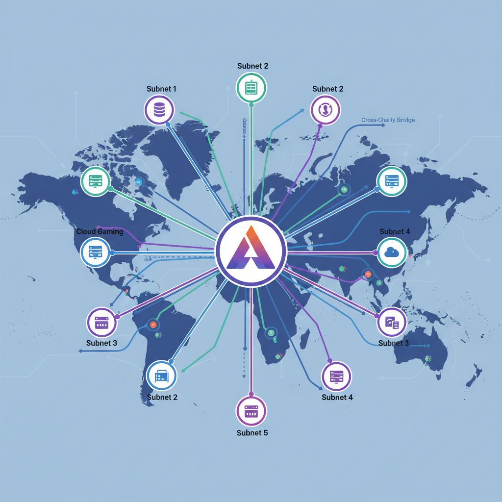 expansive multi-subnet network empire, global map, Avalanche logo dominant