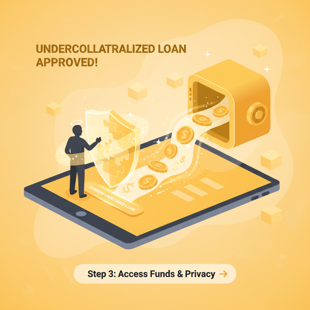 user borrowing crypto undercollateralized loan in DeFi app, money flowing from vault, celebratory privacy shield, golden tones optimistic vibe