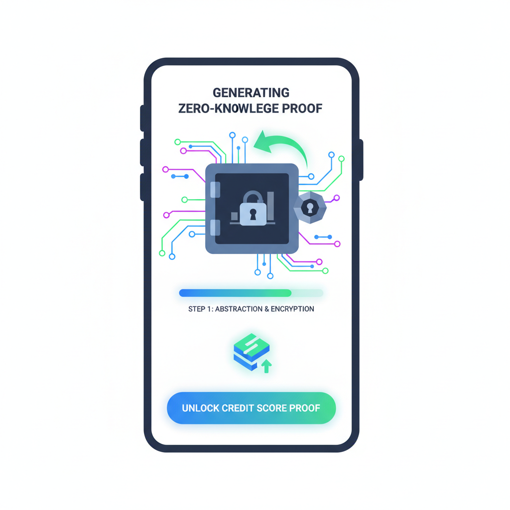 generating zero-knowledge proof in wallet app, credit score graph abstracted as locked vault unlocking, neon cryptographic circuits, optimistic DeFi theme