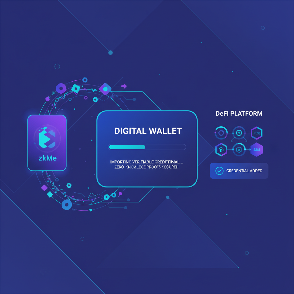 digital wallet importing glowing verifiable credential from zkMe, futuristic DeFi interface, zero-knowledge proofs, vibrant blues and purples