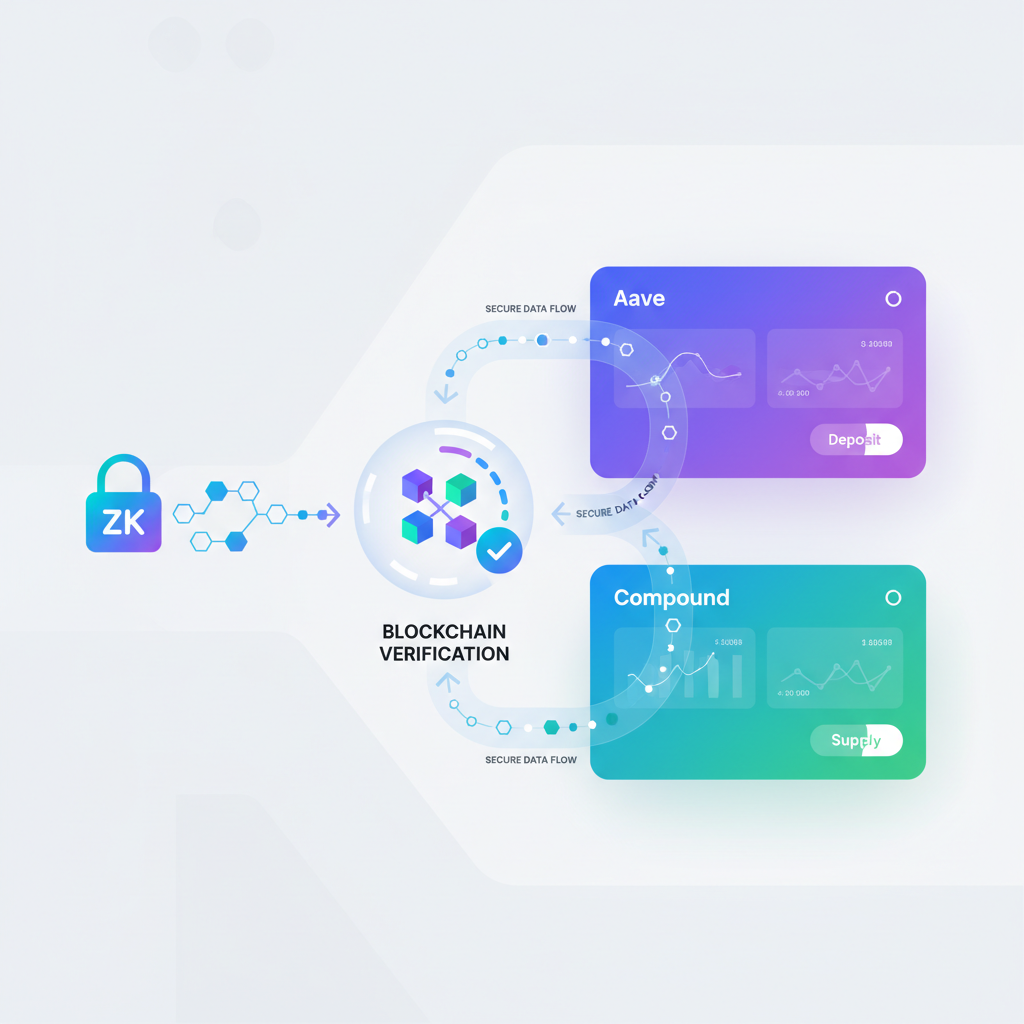 submitting ZK proof to Aave or Compound DeFi dashboard, blockchain verification animation, secure data flow without leaks, modern UI gradients