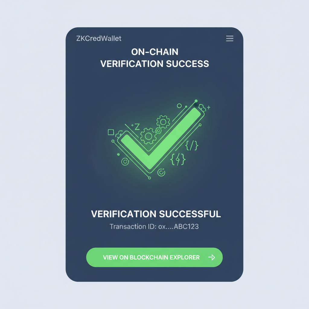 on-chain verification success screen in ZKCredWallet, checkmark with zero-knowledge symbols, blockchain explorer view, triumphant green highlights