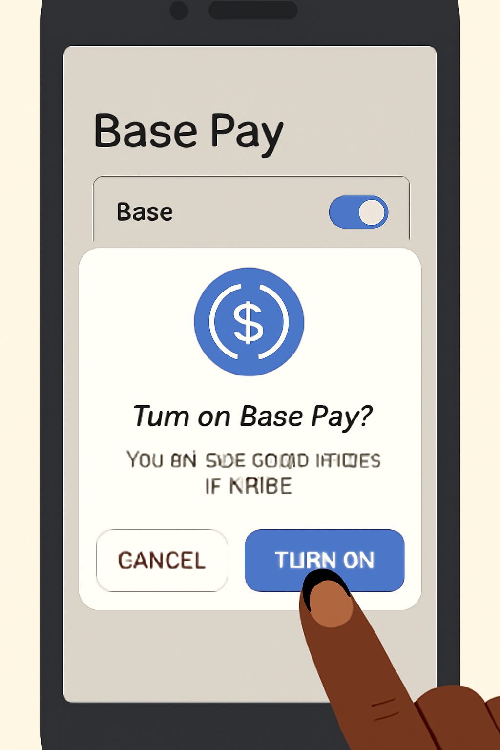 A user activating Base Pay in an app, with a confirmation pop-up and a stylized USDC symbol