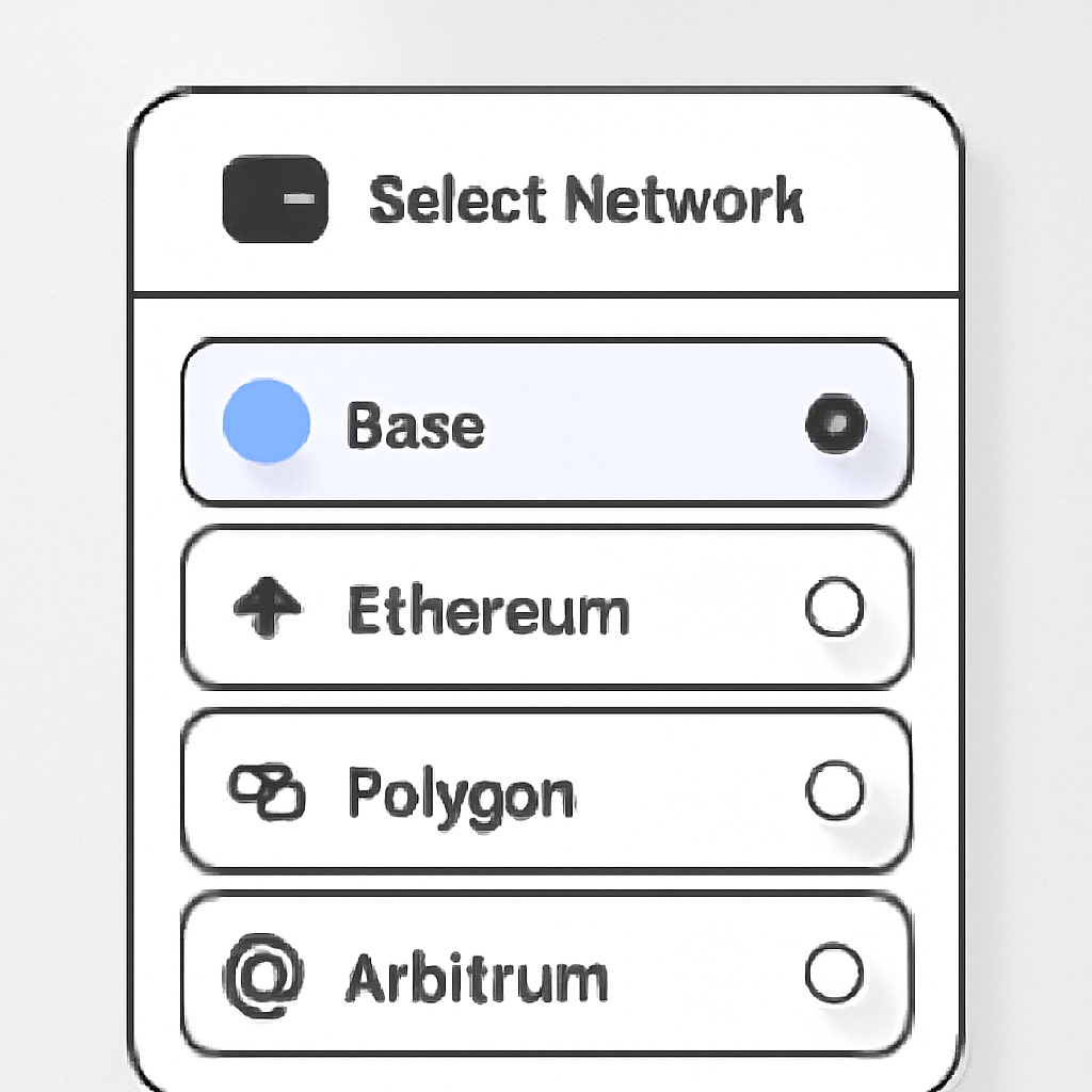 A digital wallet interface showing network selection with 'Base' highlighted, emphasizing blockchain connectivity