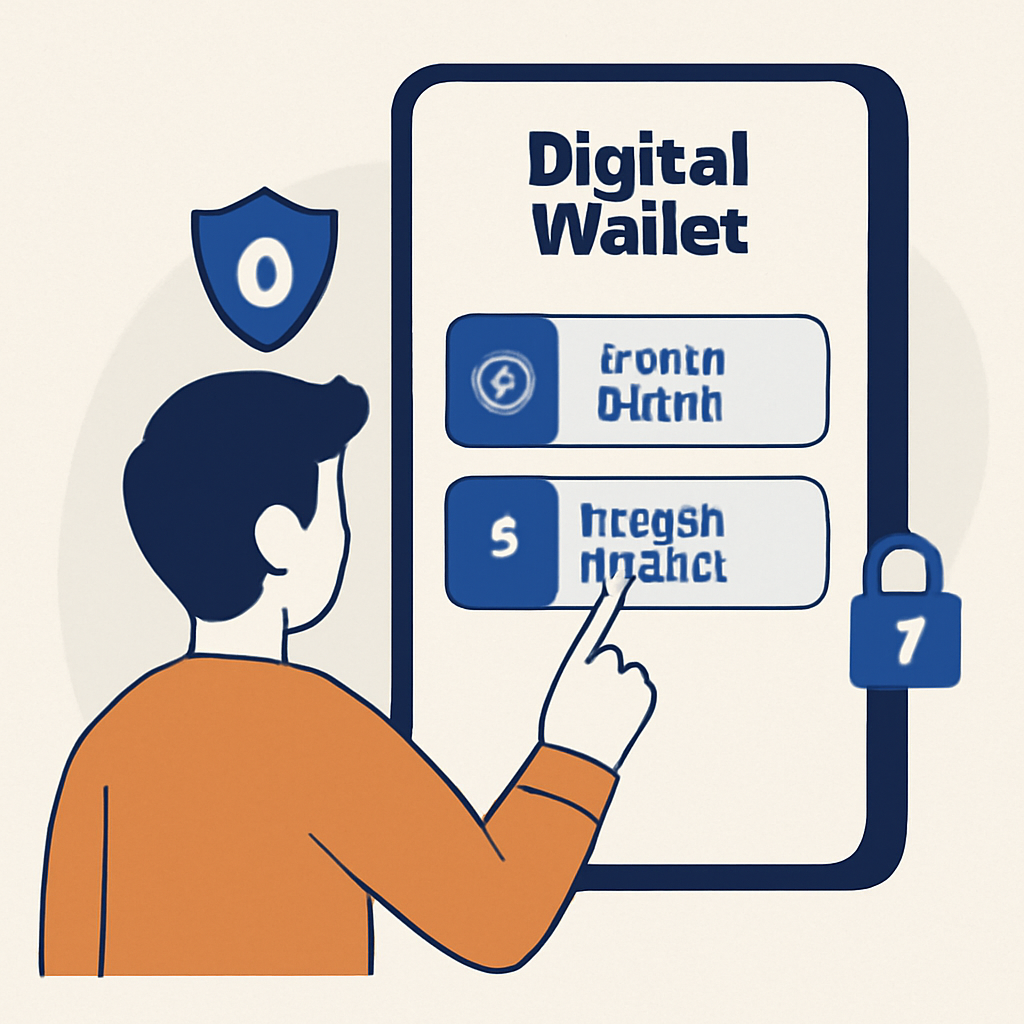A user choosing between 'Create Wallet' and 'Import Wallet' options on a digital wallet app, with security icons and a modern UI