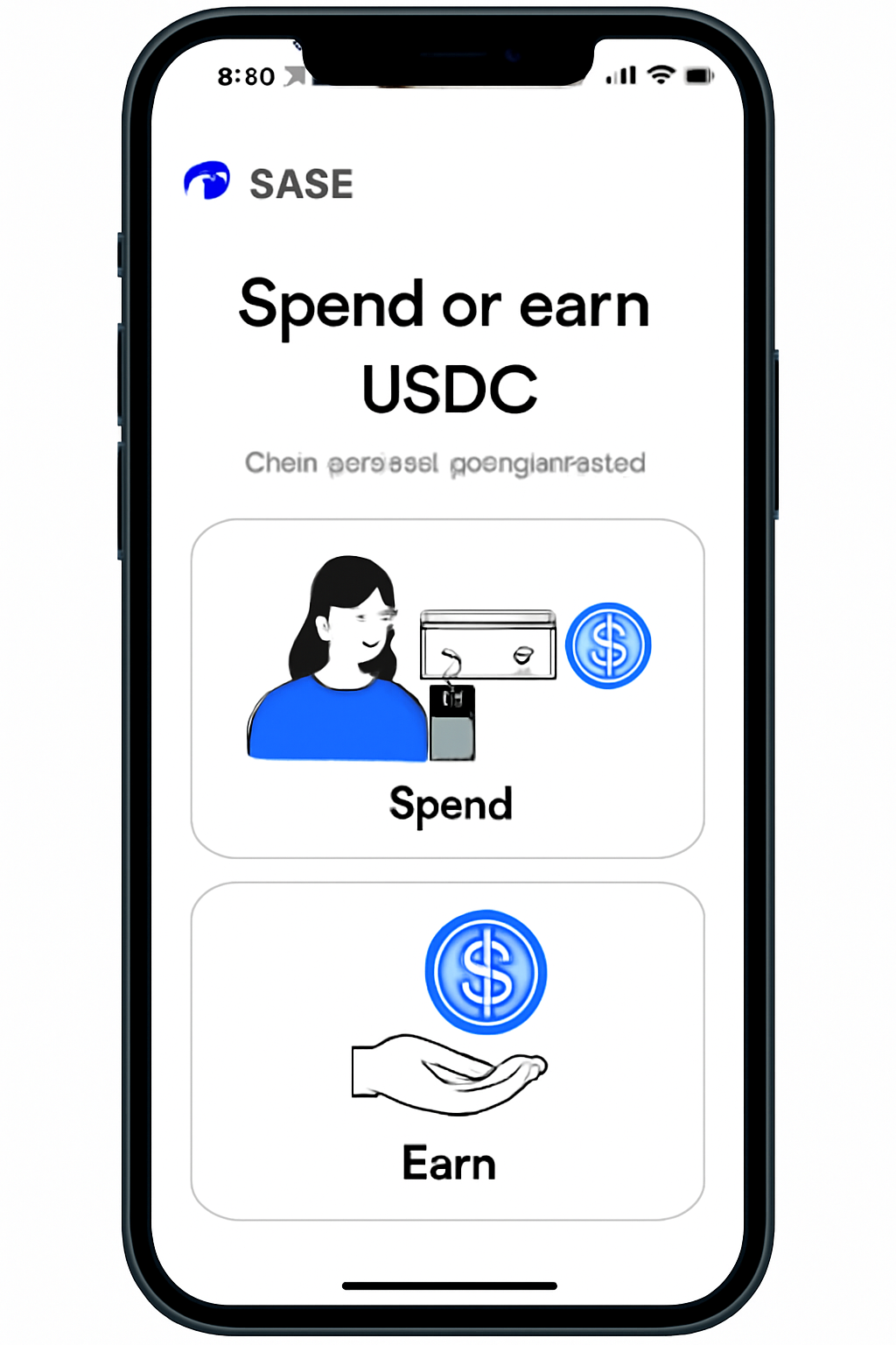 A smartphone displaying the Base App home screen with clear options for spending and earning USDC, clean interface, modern design