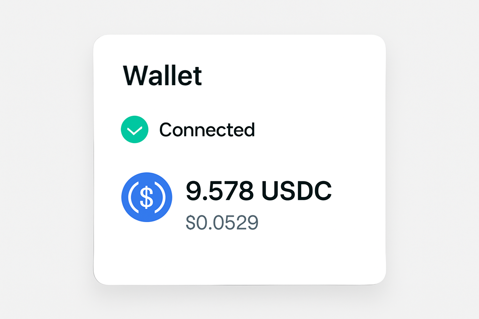 A wallet dashboard showing a green connection status and a USDC balance, with the price $0.0529 clearly visible