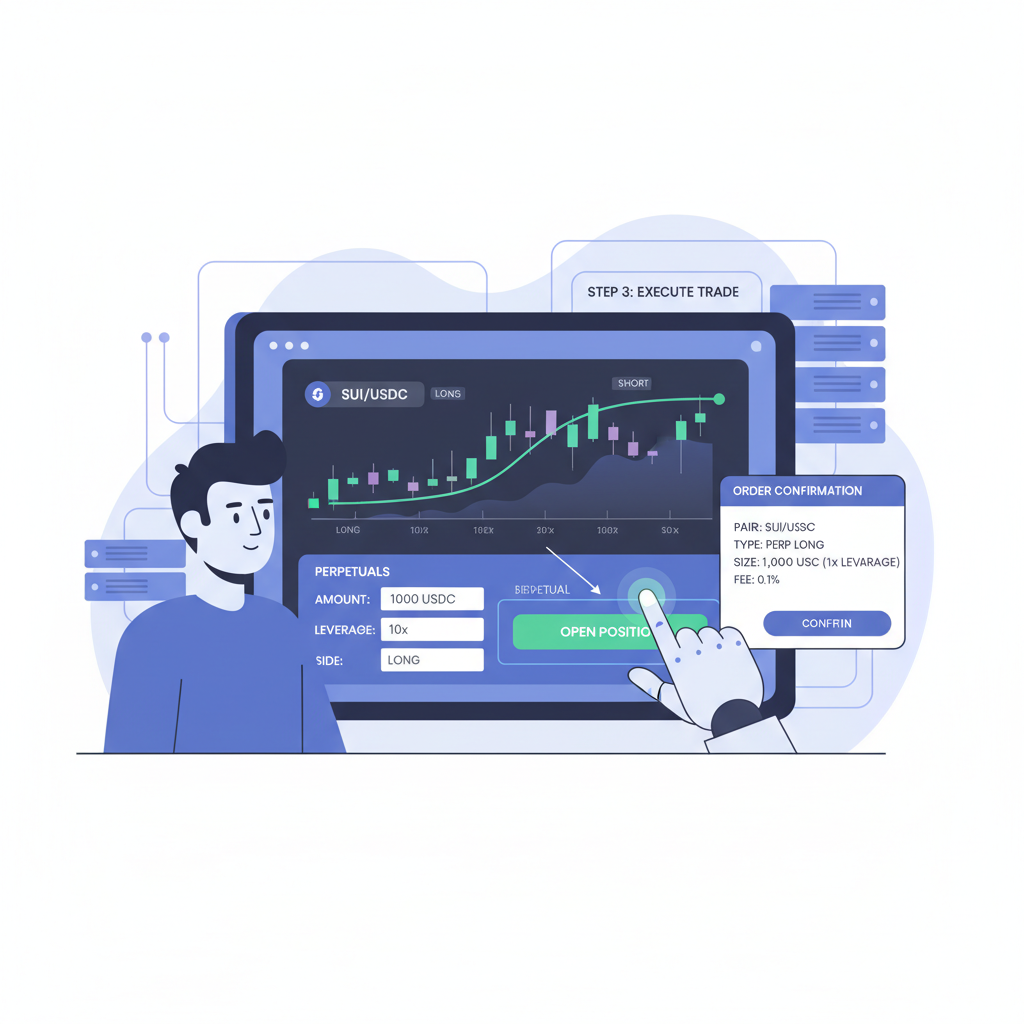 Trader opening leveraged perp position on fast Sui DEX interface