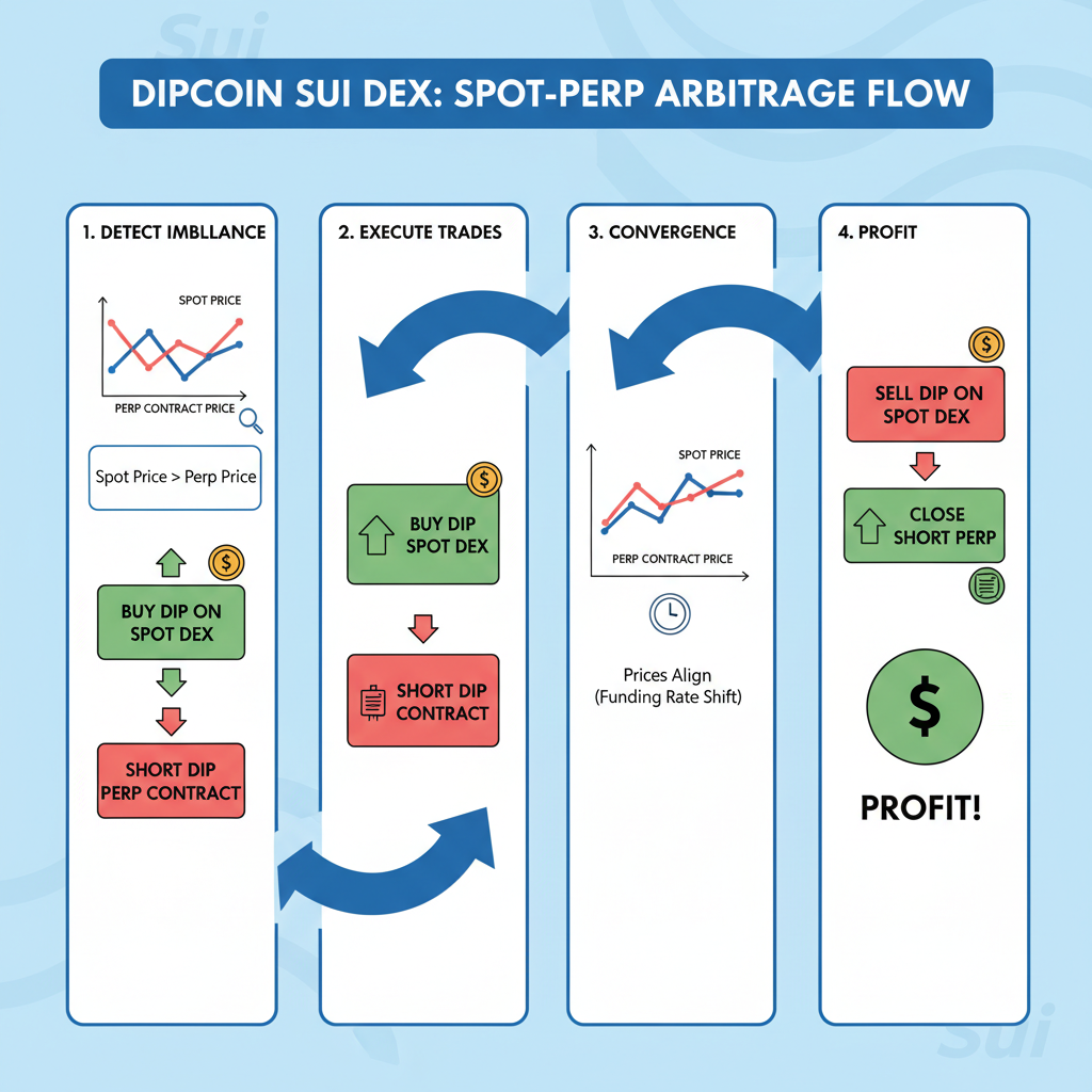 Diagram of spot-perp arbitrage flow on Dipcoin Sui DEX with charts