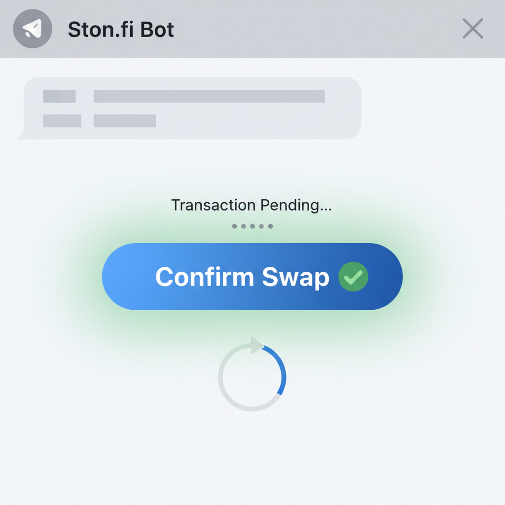 Confirm swap button in Ston.fi Telegram app, transaction pending animation, green success glow