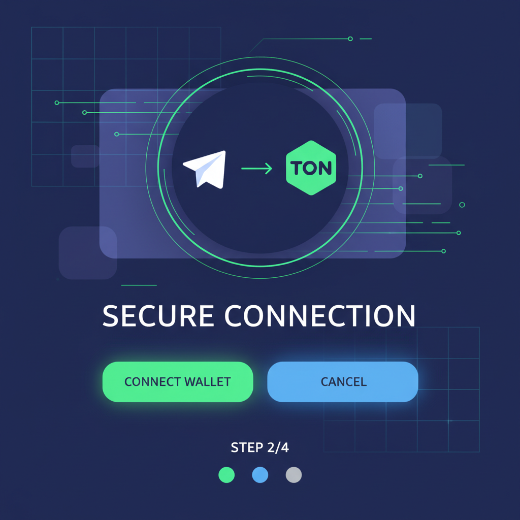 Telegram mini app with TON Connect wallet prompt, secure connection screen, futuristic crypto interface