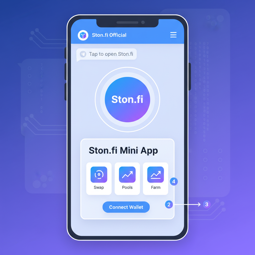 Telegram chat interface opening Ston.fi mini app, clean UI, TON blockchain theme, vibrant blues and purples