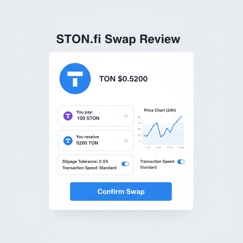 Ston.fi swap review screen showing TON price $0.5200, slippage settings, price chart snippet