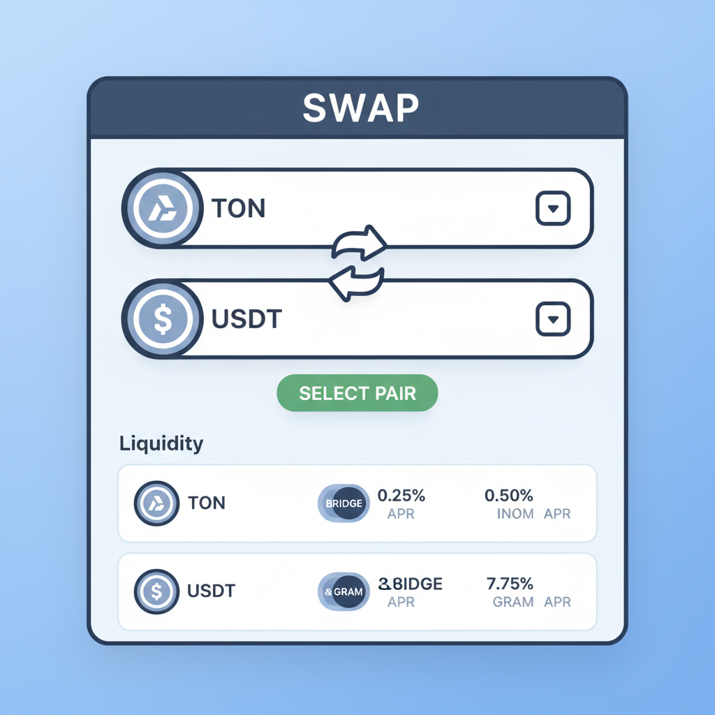 Ston.fi swap interface selecting TON to USDT pair, token icons, liquidity pools visible