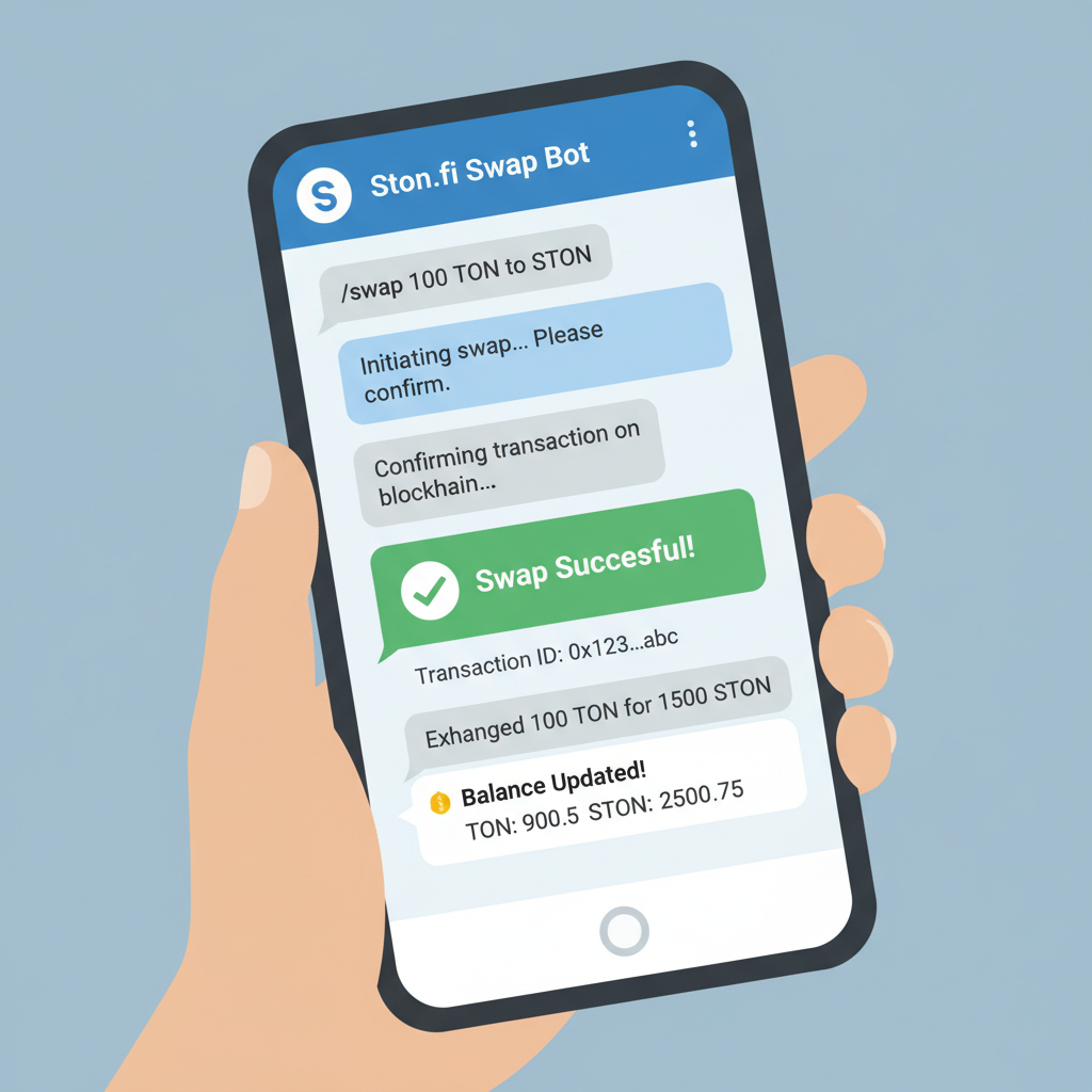 Telegram chat tracking Ston.fi swap transaction, success notification, balance update