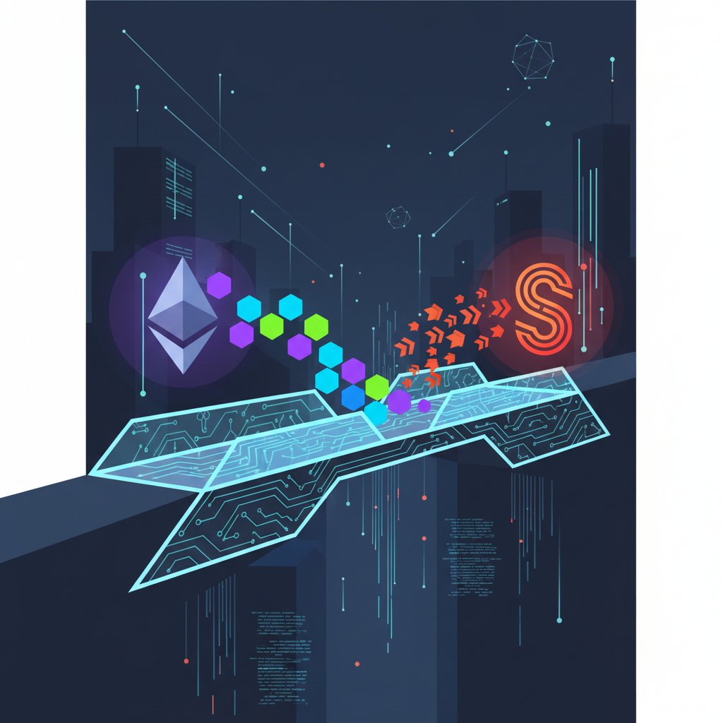 sleek blockchain bridge glowing with tokens flowing from Ethereum to Sei network, futuristic cyberpunk style