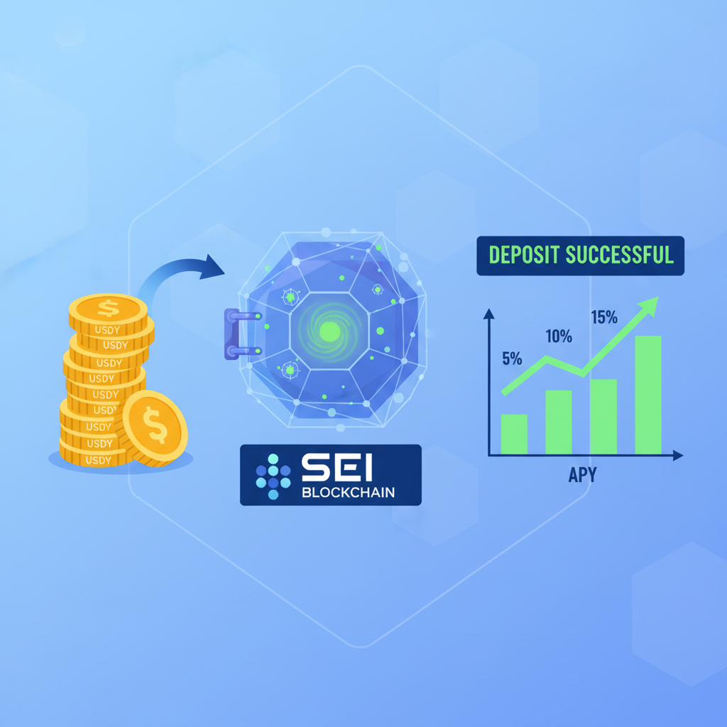 USDY tokens depositing into futuristic yield vault on Sei blockchain, charts showing rising APY